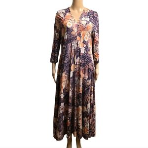 Soft Surroundings Floral Maxi V-neck Dress With 3/4 Length Sleeves Size M
